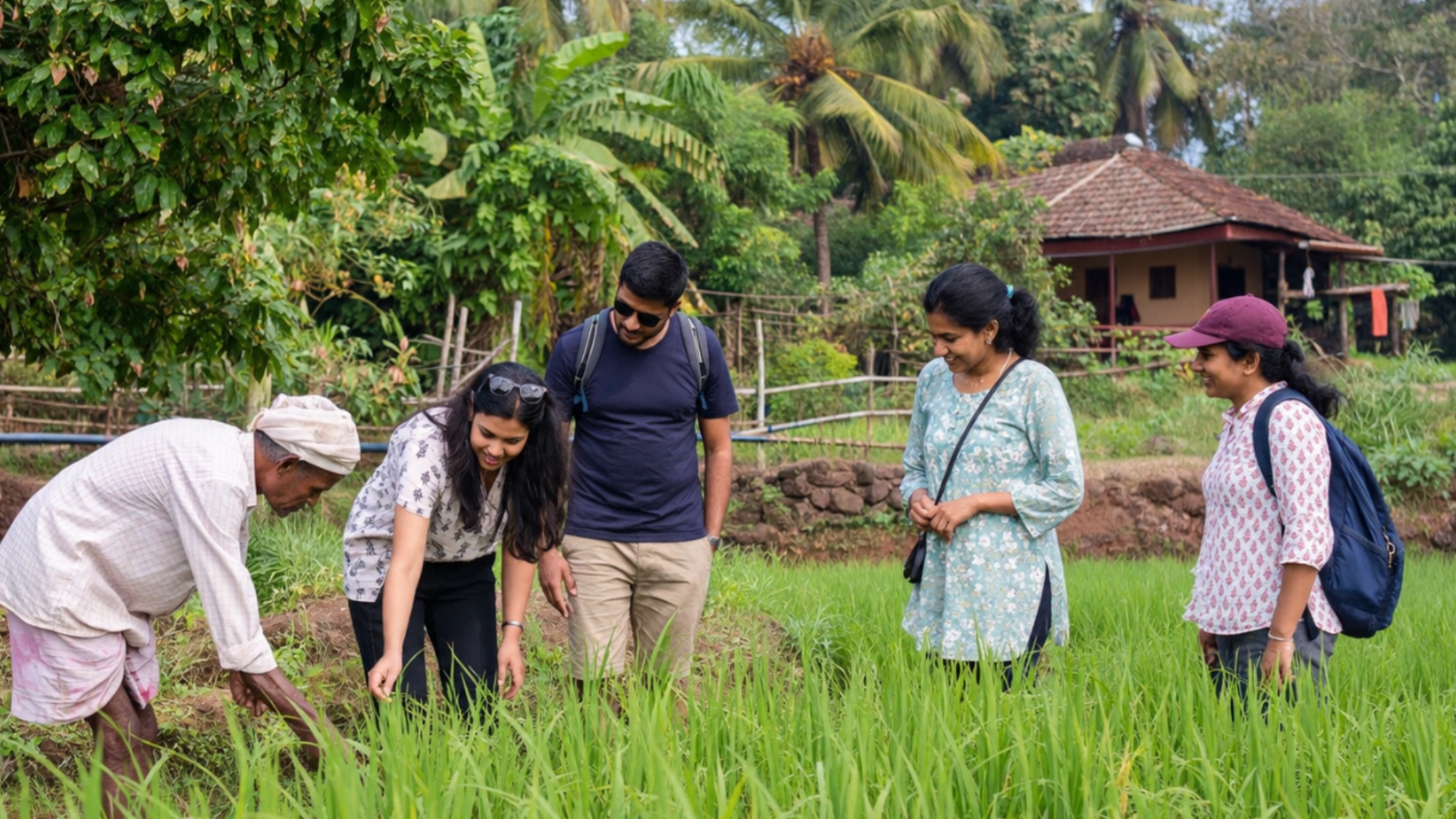 Visitors learning rice planting alongside farmers in a Kokan field
