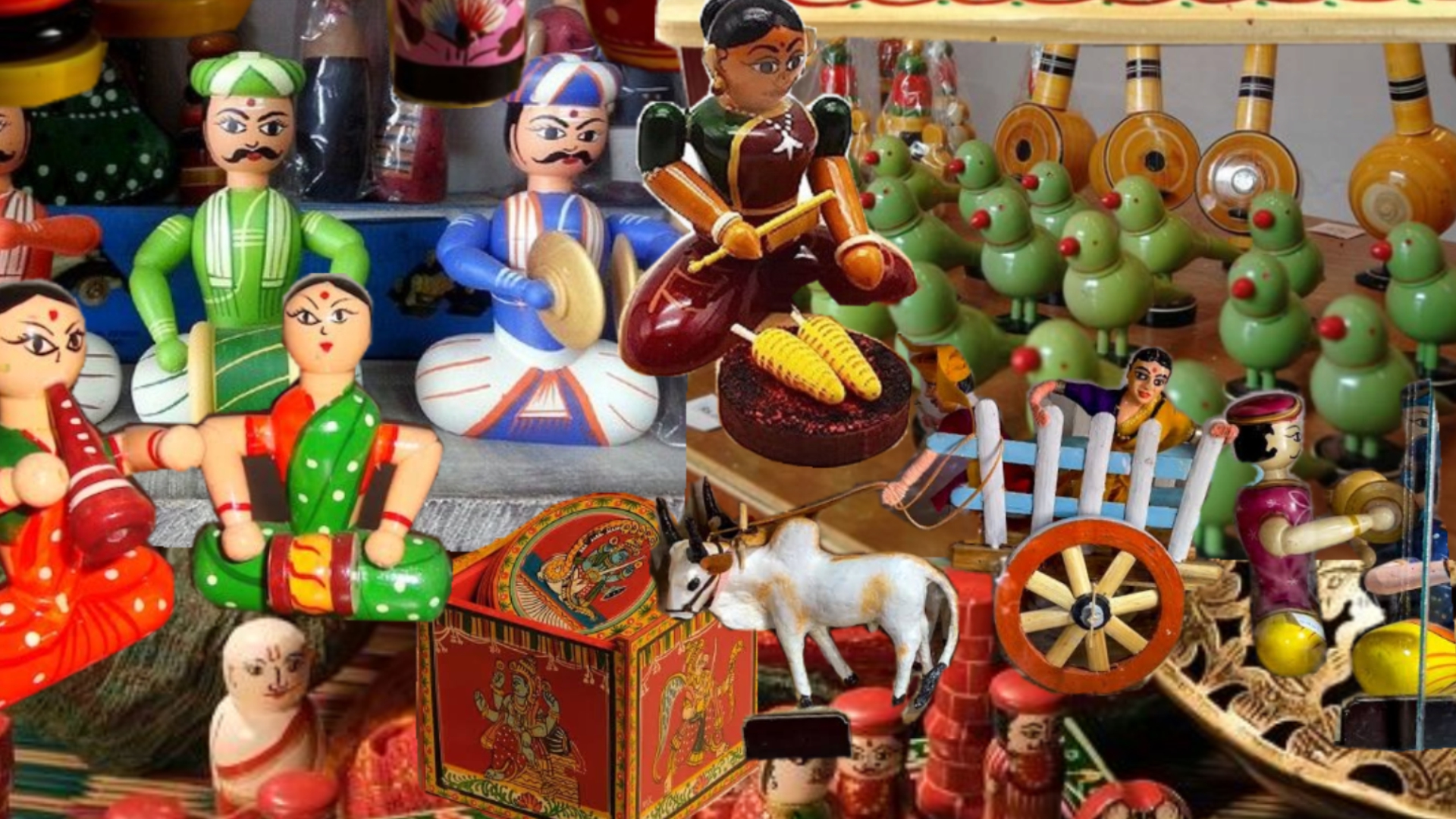 Colourful wooden dolls and handicrafts at a Kokan market stall