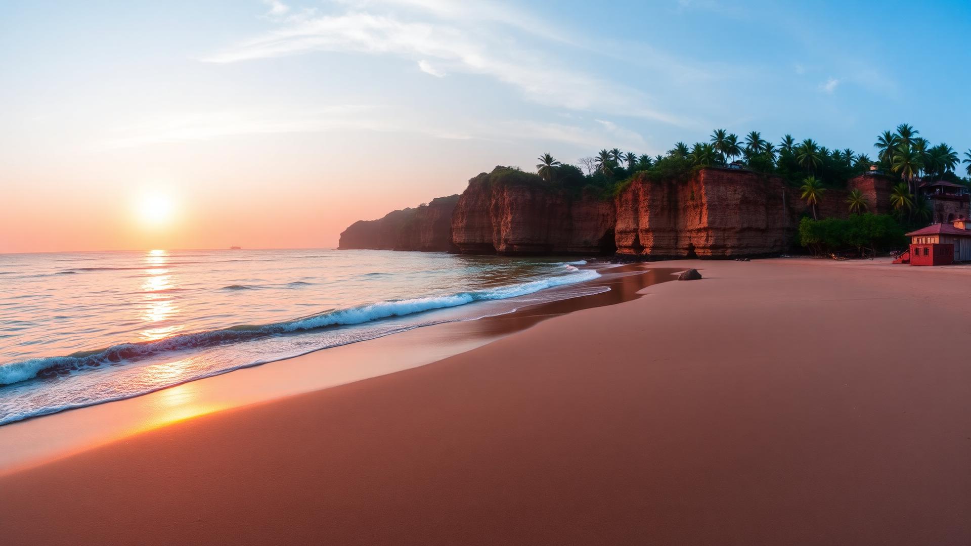 Konkan coastline with red laterite cliffs and turquoise sea at sunset