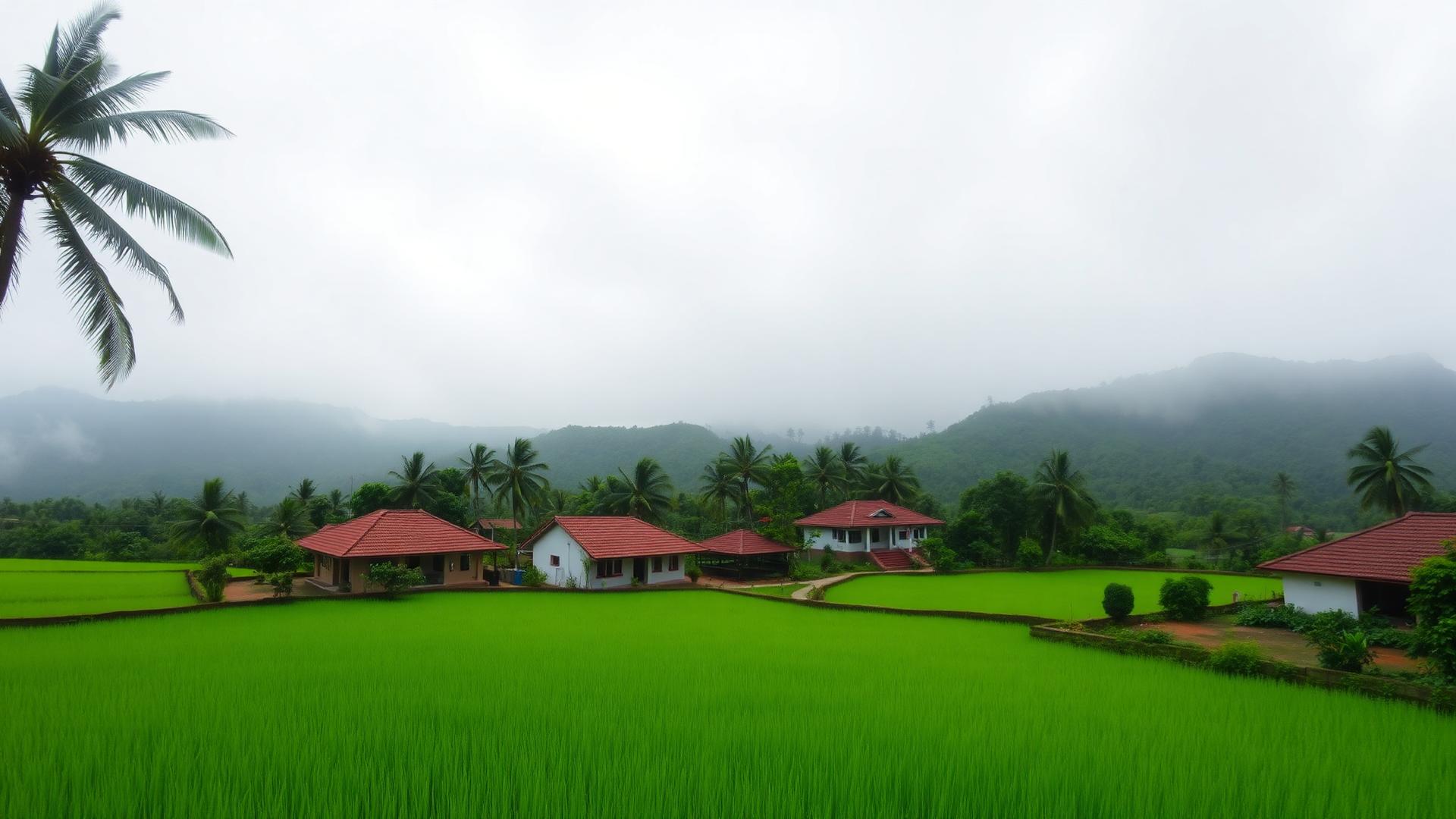 Green Konkan paddy fields and village houses in the monsoon