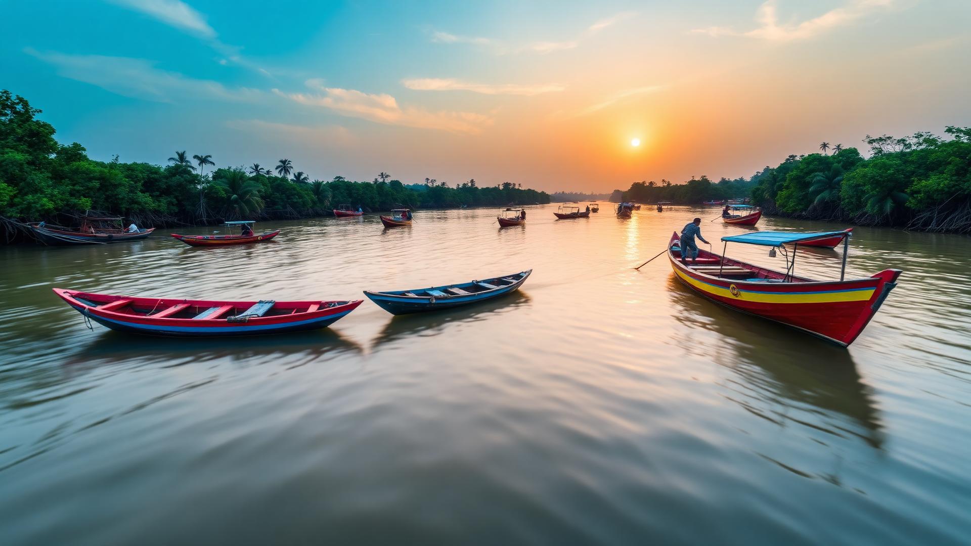 Colourful fishing boats on a Konkan creek at sunrise