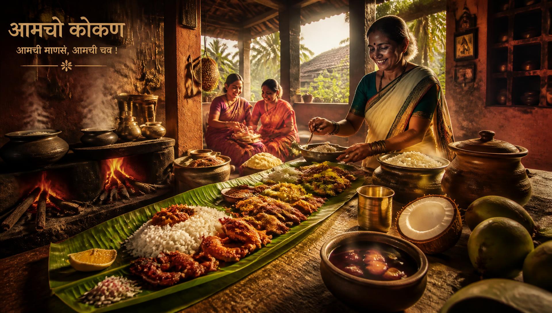 Kokan village kitchen serving a banana leaf feast beside a wood fire