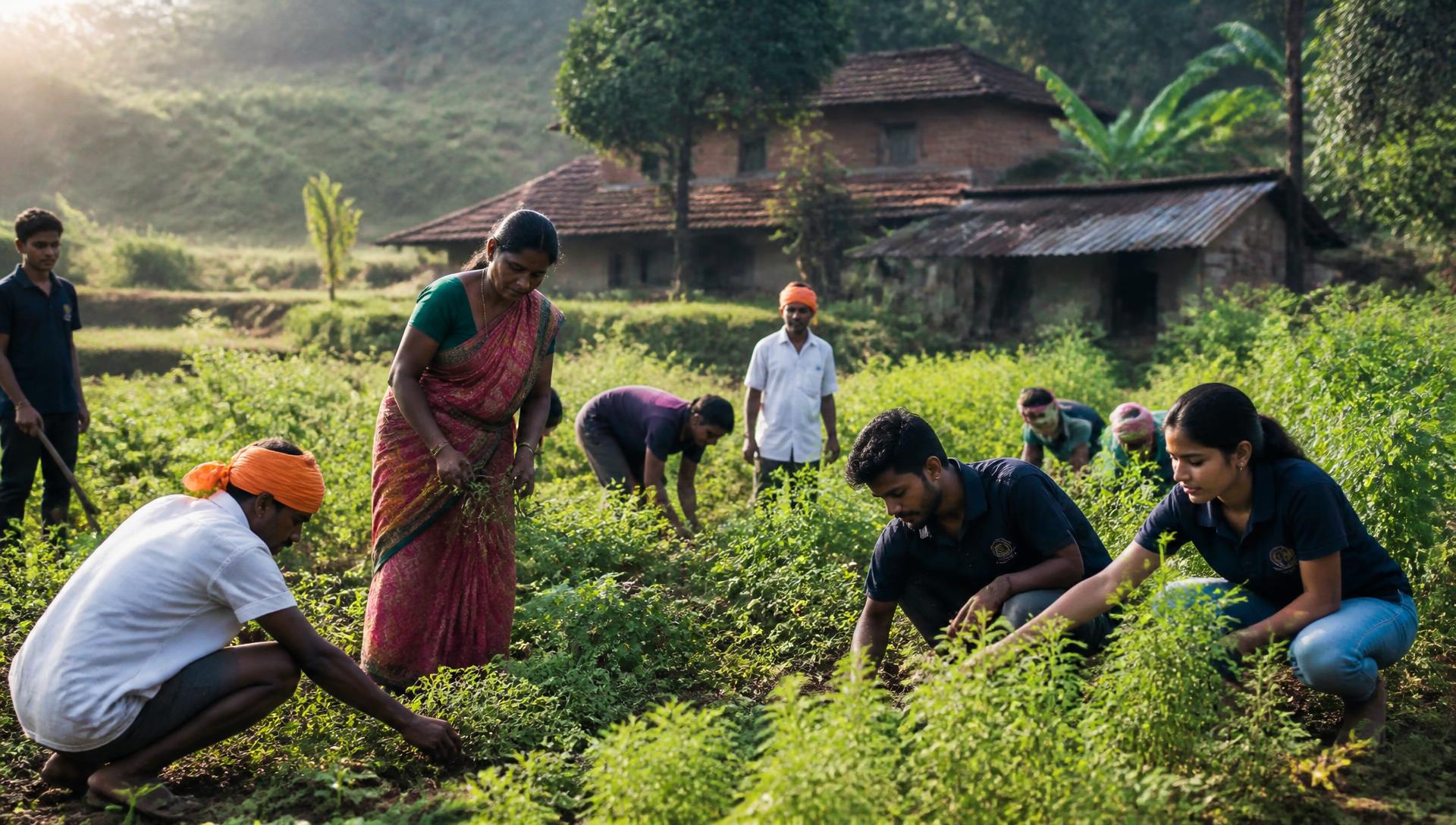 Farmers and young volunteers working together in a Kokan village field